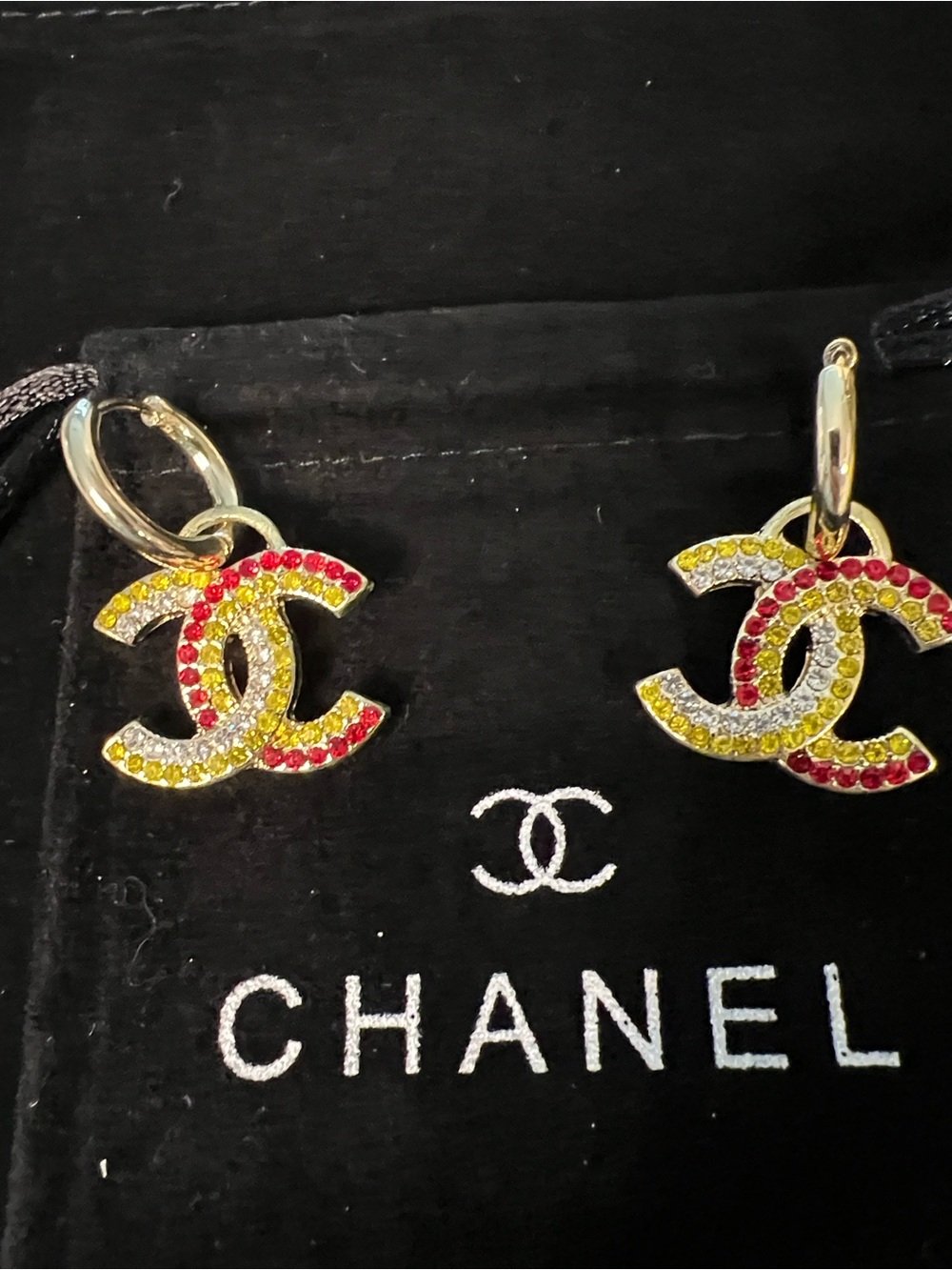 CHANEL Gold CC Hoop Earrings with Red and Yellow Crystals